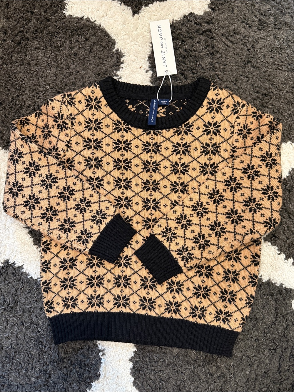 Janie and Jack Tan and Black Fair Isle Knit Sweater